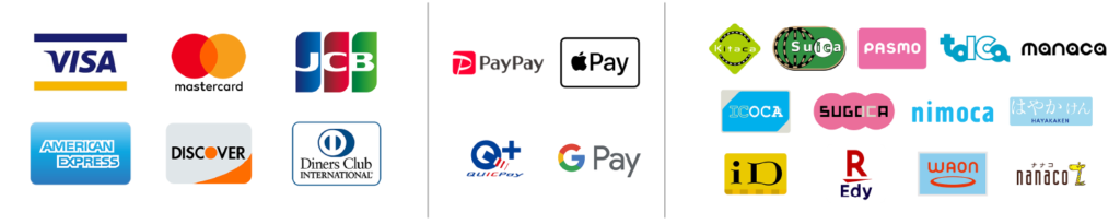 決済マーク一覧（各種クレジットカード・PayPay・Apple Pay・QUICPay・Google Pay・交通系ICカード）